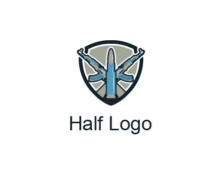 badge shape logo with a bullet and two AK-47 rifles crossed