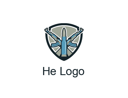 badge shape logo with a bullet and two AK-47 rifles crossed