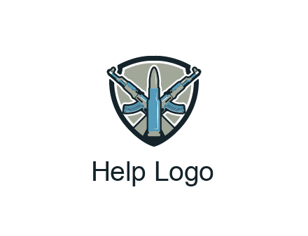 badge shape logo with a bullet and two AK-47 rifles crossed