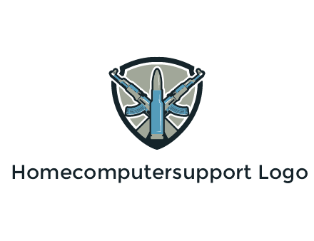 badge shape logo with a bullet and two AK-47 rifles crossed