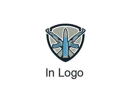 badge shape logo with a bullet and two AK-47 rifles crossed