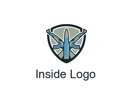 badge shape logo with a bullet and two AK-47 rifles crossed