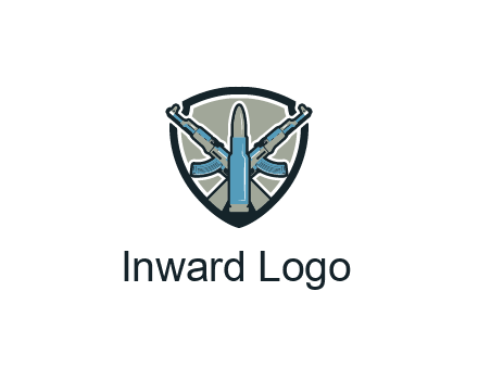 badge shape logo with a bullet and two AK-47 rifles crossed