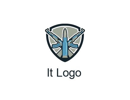 badge shape logo with a bullet and two AK-47 rifles crossed