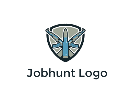 badge shape logo with a bullet and two AK-47 rifles crossed