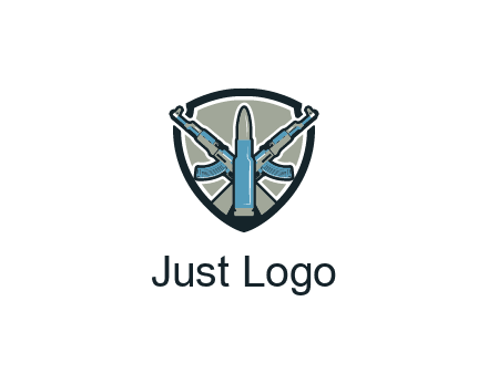 badge shape logo with a bullet and two AK-47 rifles crossed