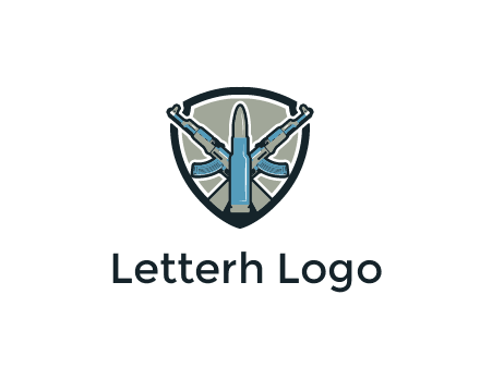 badge shape logo with a bullet and two AK-47 rifles crossed