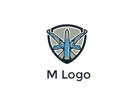 badge shape logo with a bullet and two AK-47 rifles crossed