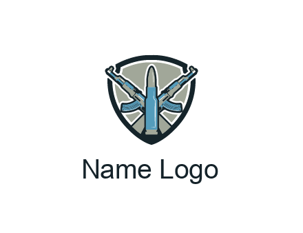 badge shape logo with a bullet and two AK-47 rifles crossed
