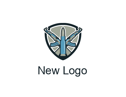 badge shape logo with a bullet and two AK-47 rifles crossed