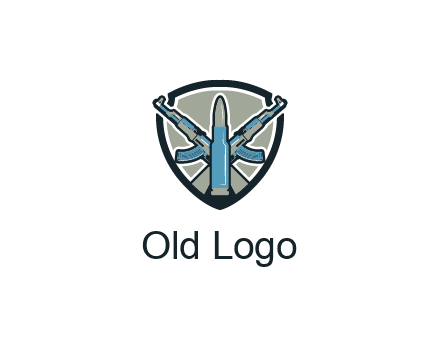 badge shape logo with a bullet and two AK-47 rifles crossed