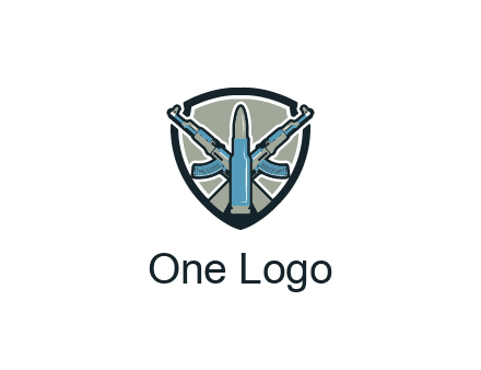 badge shape logo with a bullet and two AK-47 rifles crossed