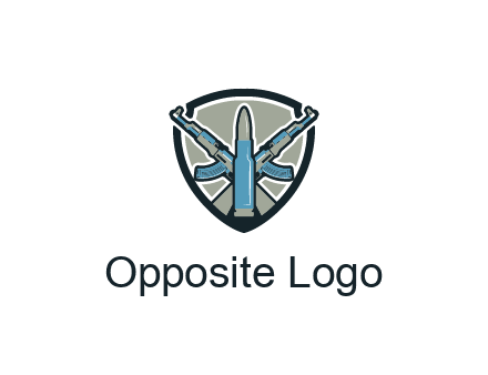 badge shape logo with a bullet and two AK-47 rifles crossed