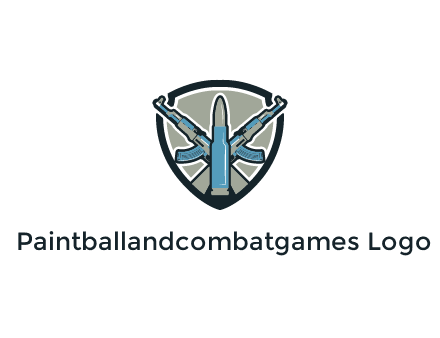 badge shape logo with a bullet and two AK-47 rifles crossed