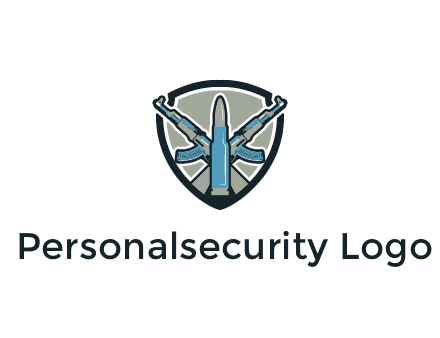 badge shape logo with a bullet and two AK-47 rifles crossed