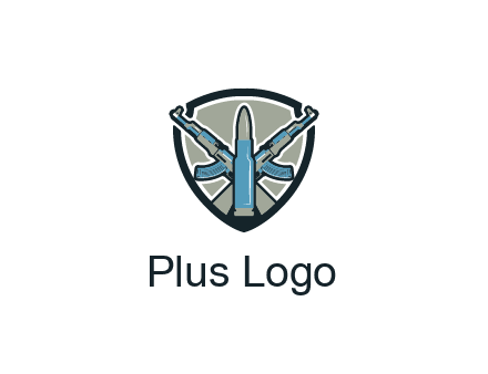 badge shape logo with a bullet and two AK-47 rifles crossed