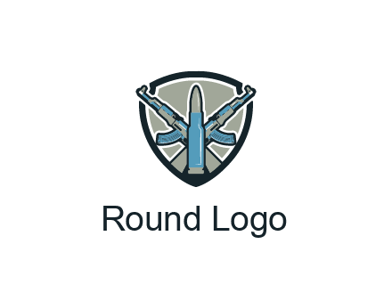 badge shape logo with a bullet and two AK-47 rifles crossed