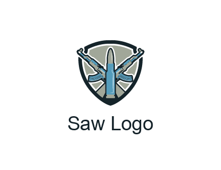 badge shape logo with a bullet and two AK-47 rifles crossed
