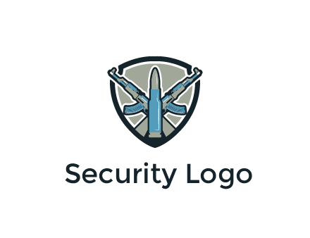 badge shape logo with a bullet and two AK-47 rifles crossed