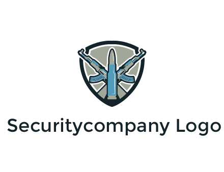 badge shape logo with a bullet and two AK-47 rifles crossed