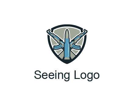 badge shape logo with a bullet and two AK-47 rifles crossed