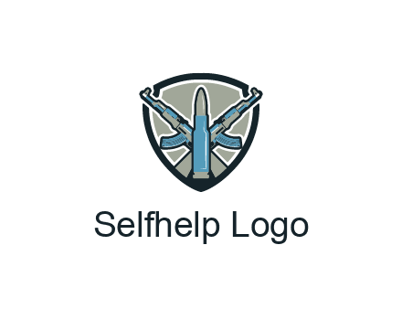 badge shape logo with a bullet and two AK-47 rifles crossed