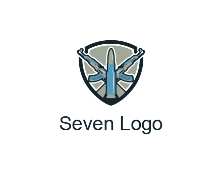 badge shape logo with a bullet and two AK-47 rifles crossed