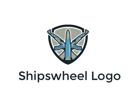 badge shape logo with a bullet and two AK-47 rifles crossed