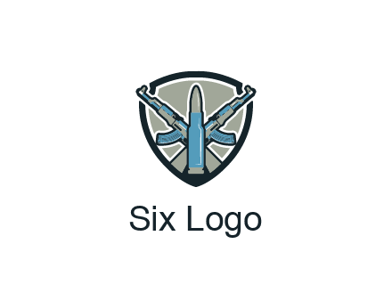 badge shape logo with a bullet and two AK-47 rifles crossed