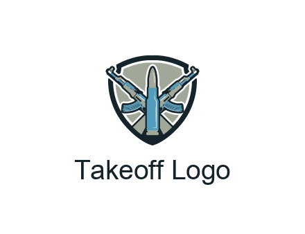 badge shape logo with a bullet and two AK-47 rifles crossed