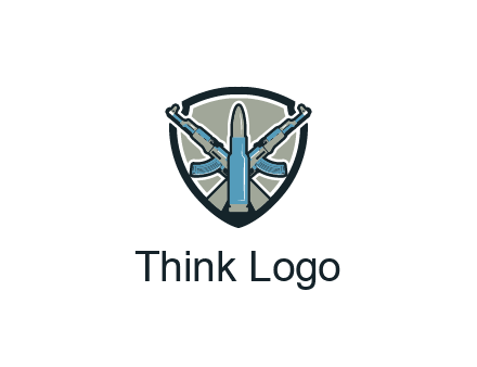 badge shape logo with a bullet and two AK-47 rifles crossed