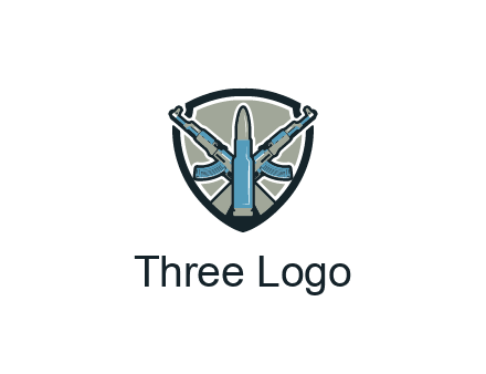 badge shape logo with a bullet and two AK-47 rifles crossed