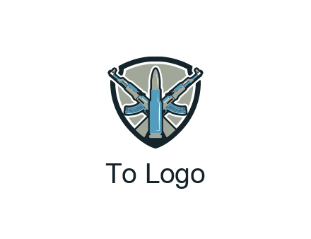 badge shape logo with a bullet and two AK-47 rifles crossed