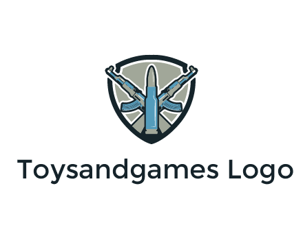 badge shape logo with a bullet and two AK-47 rifles crossed
