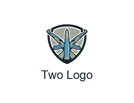 badge shape logo with a bullet and two AK-47 rifles crossed