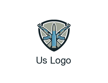 badge shape logo with a bullet and two AK-47 rifles crossed