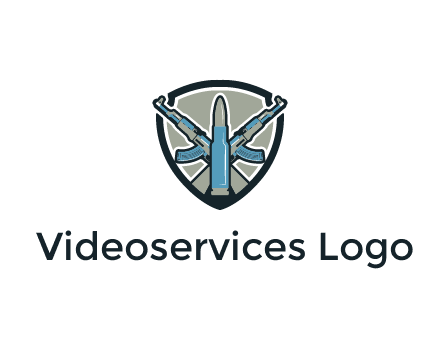 badge shape logo with a bullet and two AK-47 rifles crossed