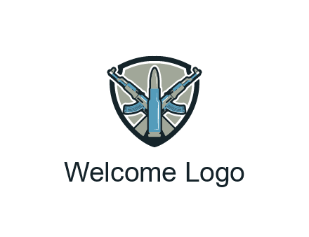 badge shape logo with a bullet and two AK-47 rifles crossed