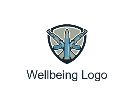 badge shape logo with a bullet and two AK-47 rifles crossed