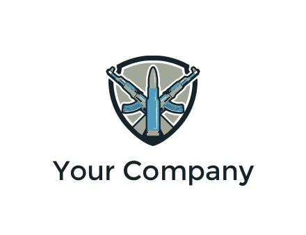 badge shape logo with a bullet and two AK-47 rifles crossed