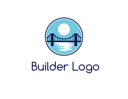 circular logo with a suspension bridge and the moon shining over water