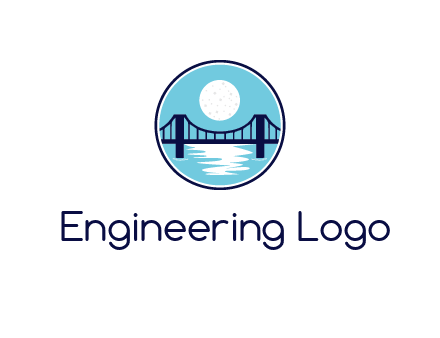 circular logo with a suspension bridge and the moon shining over water