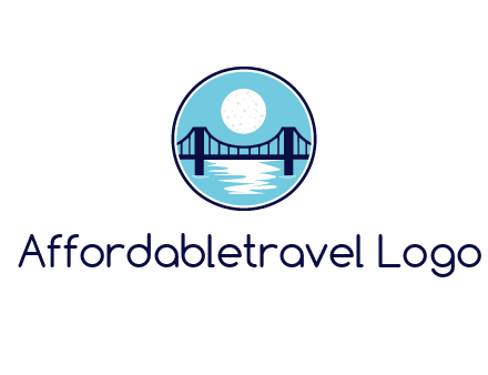 circular logo with a suspension bridge and the moon shining over water
