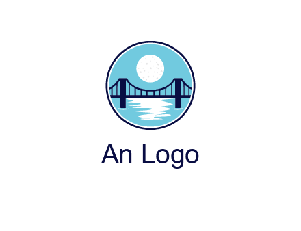 circular logo with a suspension bridge and the moon shining over water