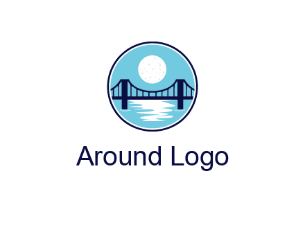 circular logo with a suspension bridge and the moon shining over water