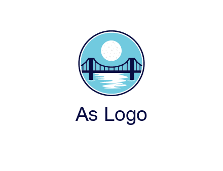 circular logo with a suspension bridge and the moon shining over water