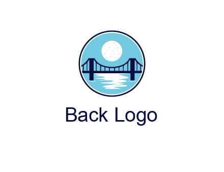 circular logo with a suspension bridge and the moon shining over water