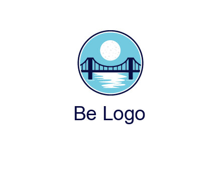 circular logo with a suspension bridge and the moon shining over water