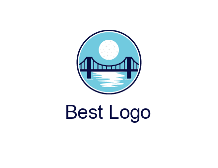 circular logo with a suspension bridge and the moon shining over water