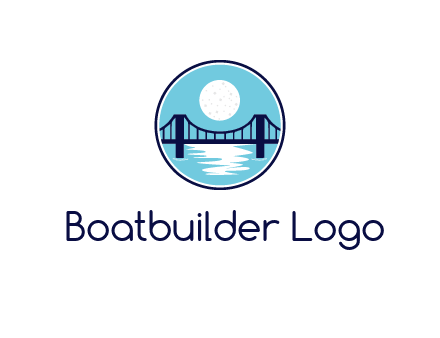 circular logo with a suspension bridge and the moon shining over water